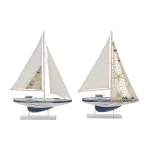 LITTON LANE Coastal Nautical Wooden Sailboat Sculptures, Set of 2, 20-Inch Distressed Blue and White Pine thumbnail 2