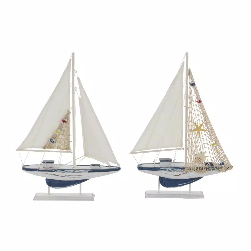 LITTON LANE Coastal Nautical Wooden Sailboat Sculptures, Set of 2, 20-Inch Distressed Blue and White Pine