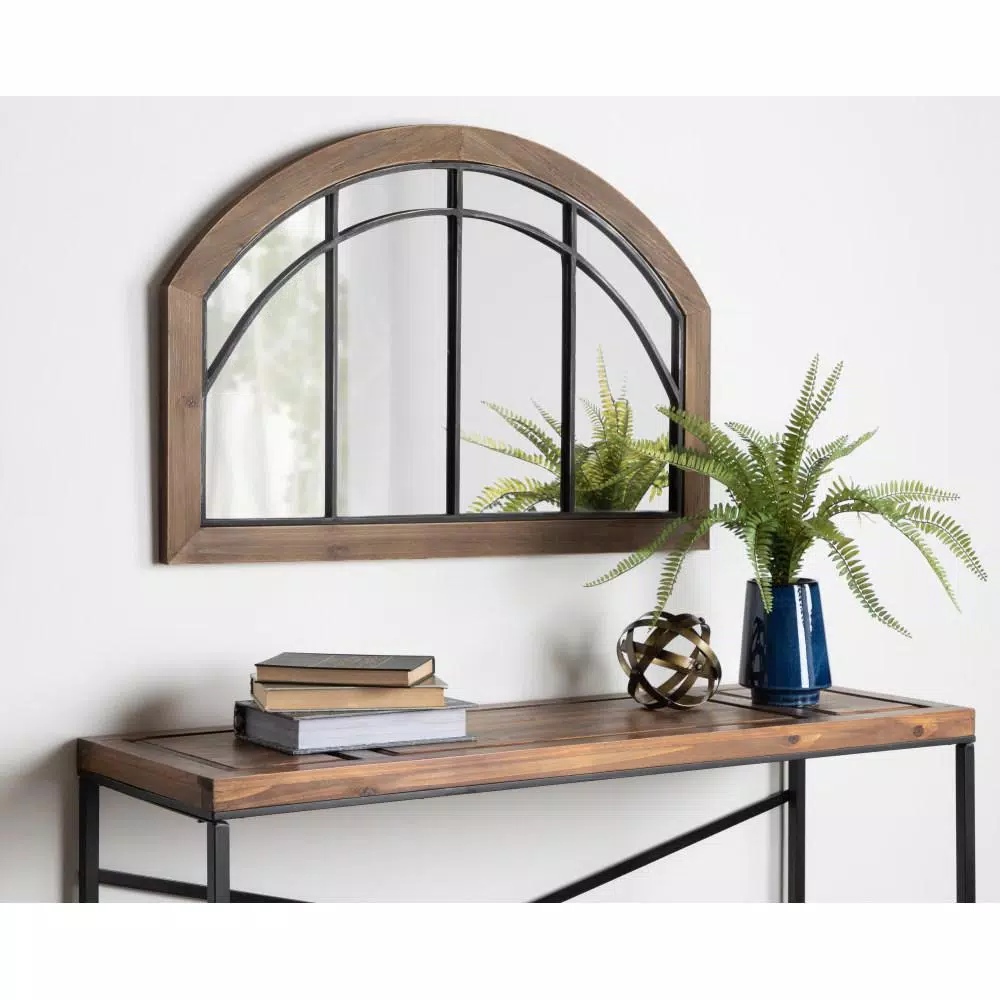 Kate and Laurel Haldron Rustic Brown Wood Arch Mirror with Iron Fretwork, 36 x 24 in.