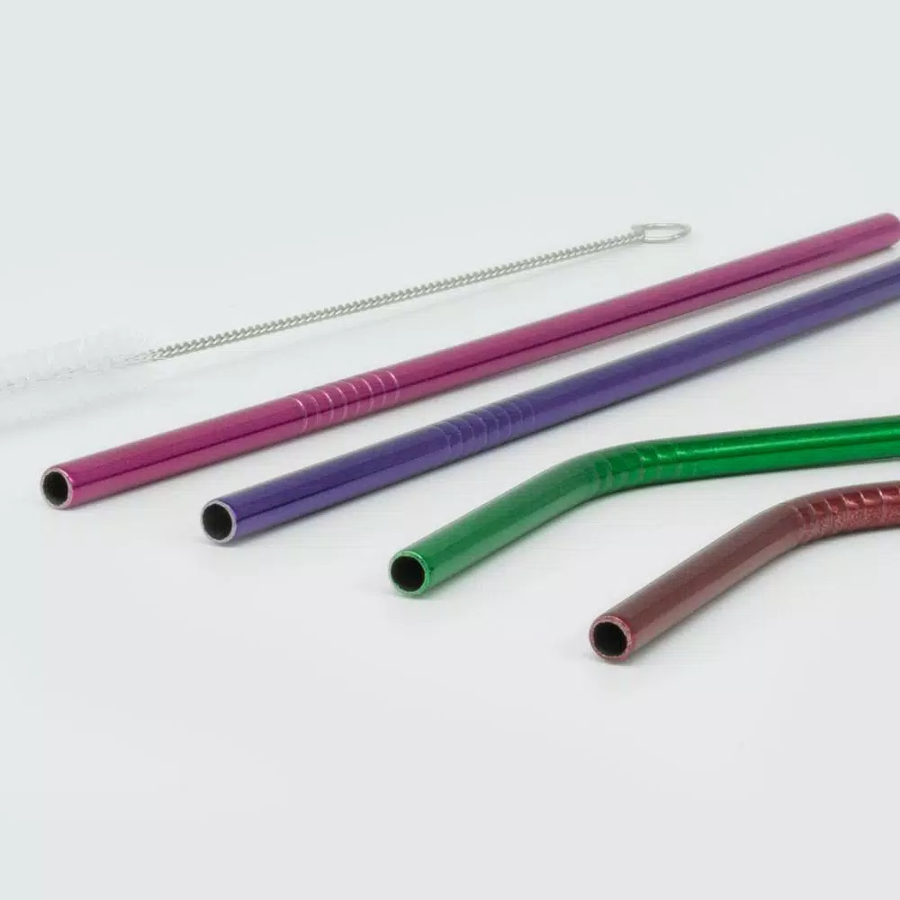 ExcelSteel 10 Pc Reusable Powder Coated Stainless Steel Straw Set with Cleaning Brushes - Colorful Multi-Color