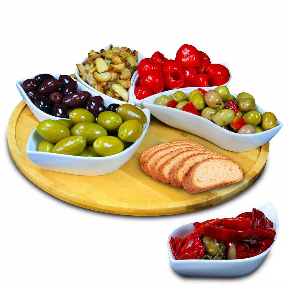 Elama Signature Collection Stoneware Appetizer Set with Bamboo Lazy Susan Tray