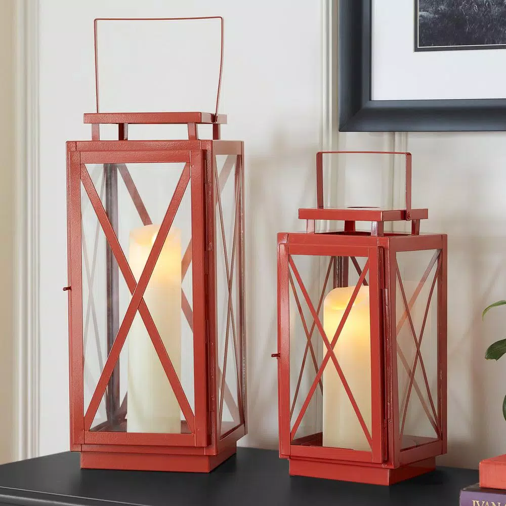 Home Decorators Collection Chili Red Metal & Glass Lanterns, Set of 2