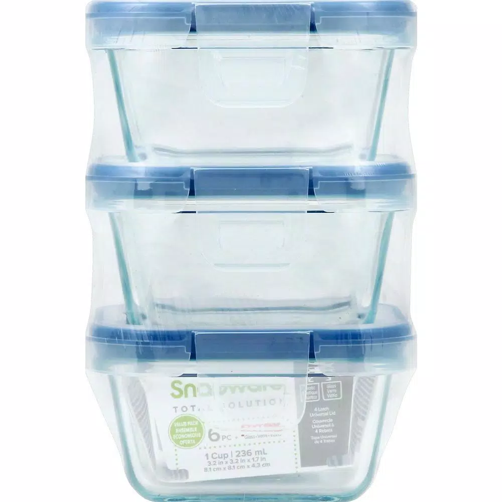 Snapware Total Solutions 1-Cup Glass Square Food Storage Container Set, 6-Piece (3 Containers with Lids)