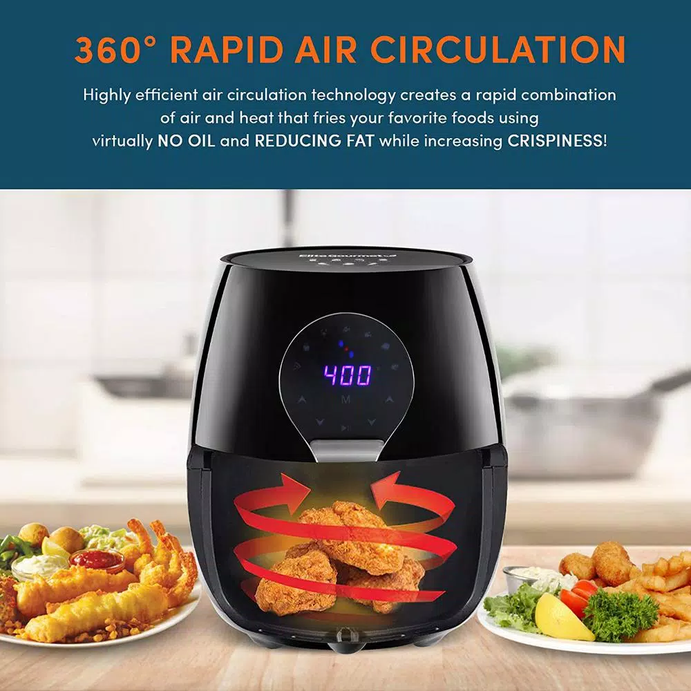 Maximatic Elite Gourmet 5.3 Qt. Digital Air Fryer, 1350W Oil-Free Multi-Cooker, Black