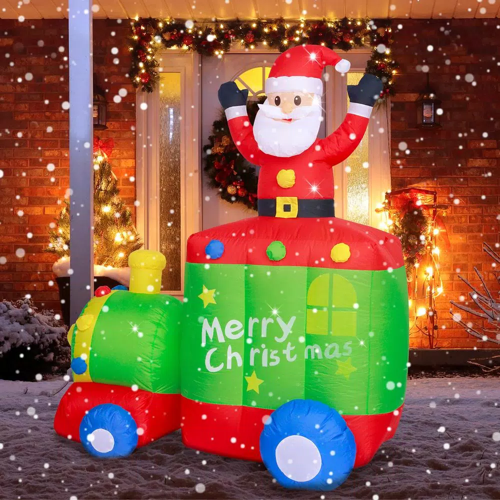 JOYDECOR 6 ft. Santa Claus on Train Christmas Inflatable with Built-in LED Lights