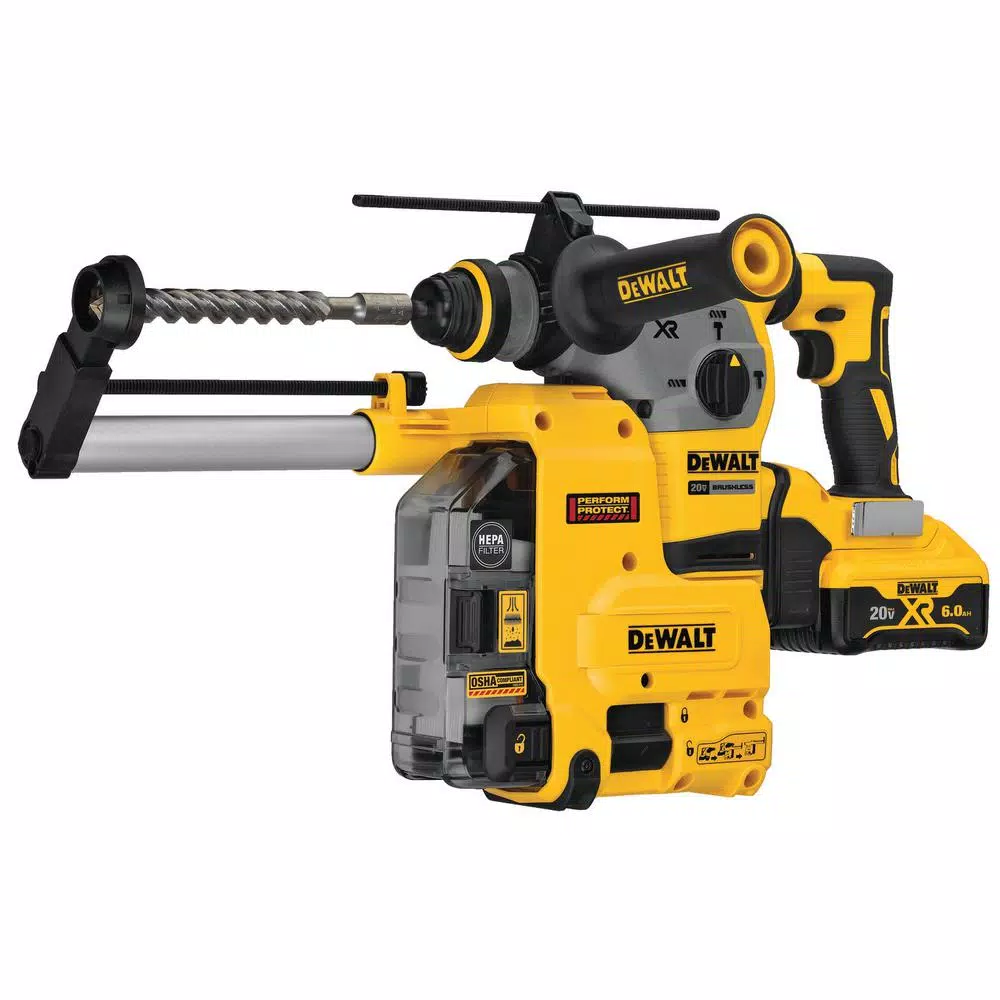 DEWALT 20V MAX XR Brushless SDS Plus L-Shape Rotary Hammer Kit with Dust Extractor & (2) 6.0 Ah Batteries