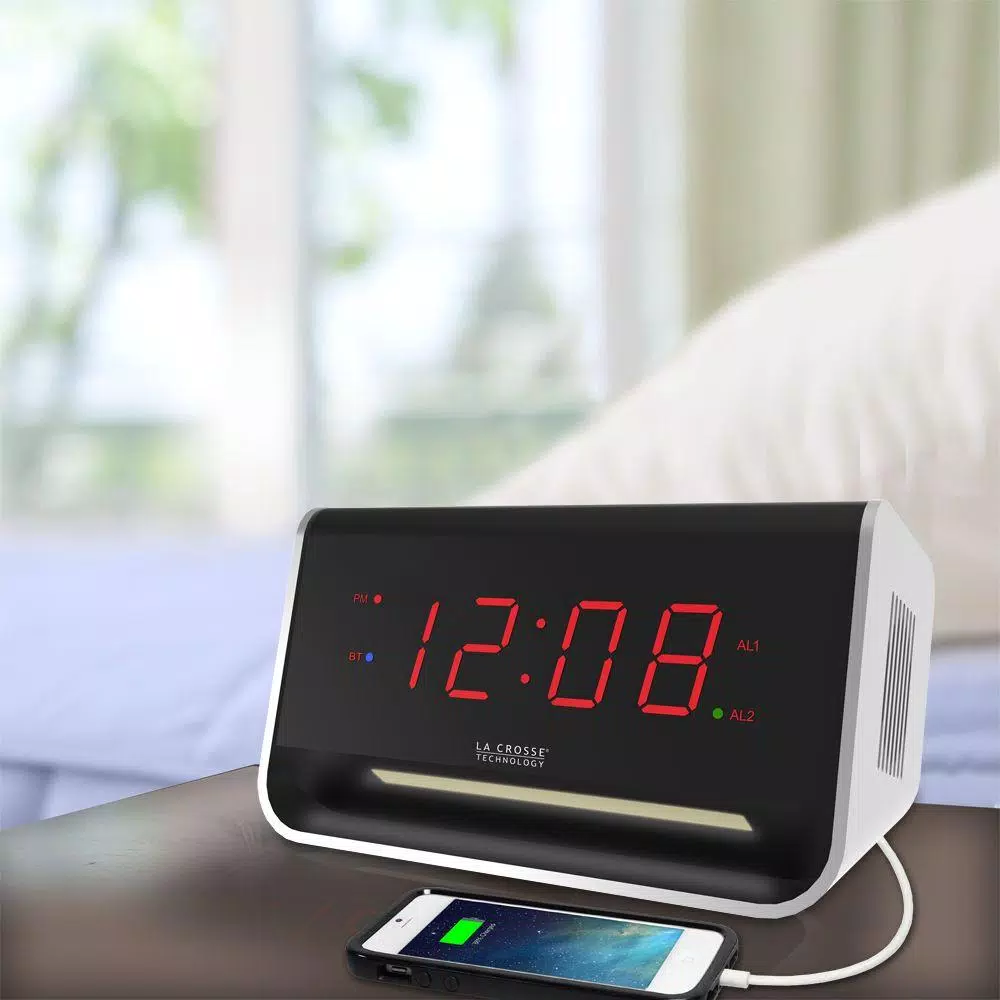 Equity by La Crosse 5.5 in. x 3.15 in. LED Digital Alarm Clock with Bluetooth Speaker and USB Charging Port - Red