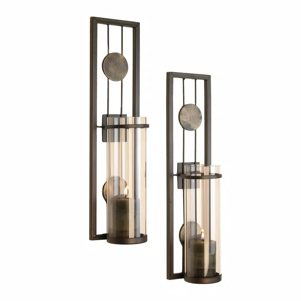 Danya B Contemporary Metal Brown Wall Candle Sconces with Antique Patina Medallions, Set of 2