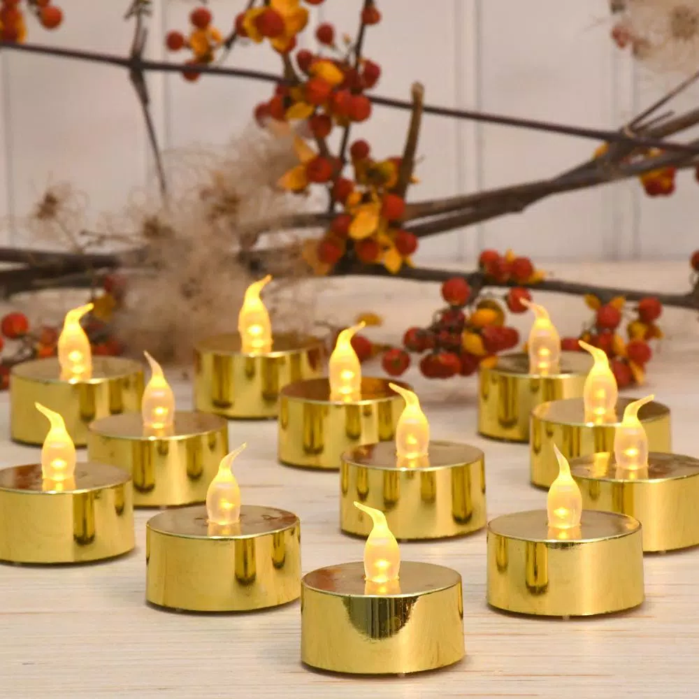 LUMABASE Gold Plated LED Tea Light Candles, 12-Count Battery Operated Flickering Amber Glow