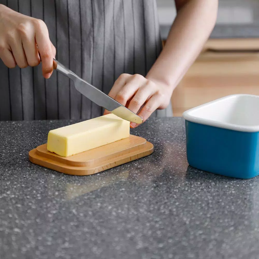 Sweese Large Porcelain Butter Dish with Beech Wood Lid, Steel Blue