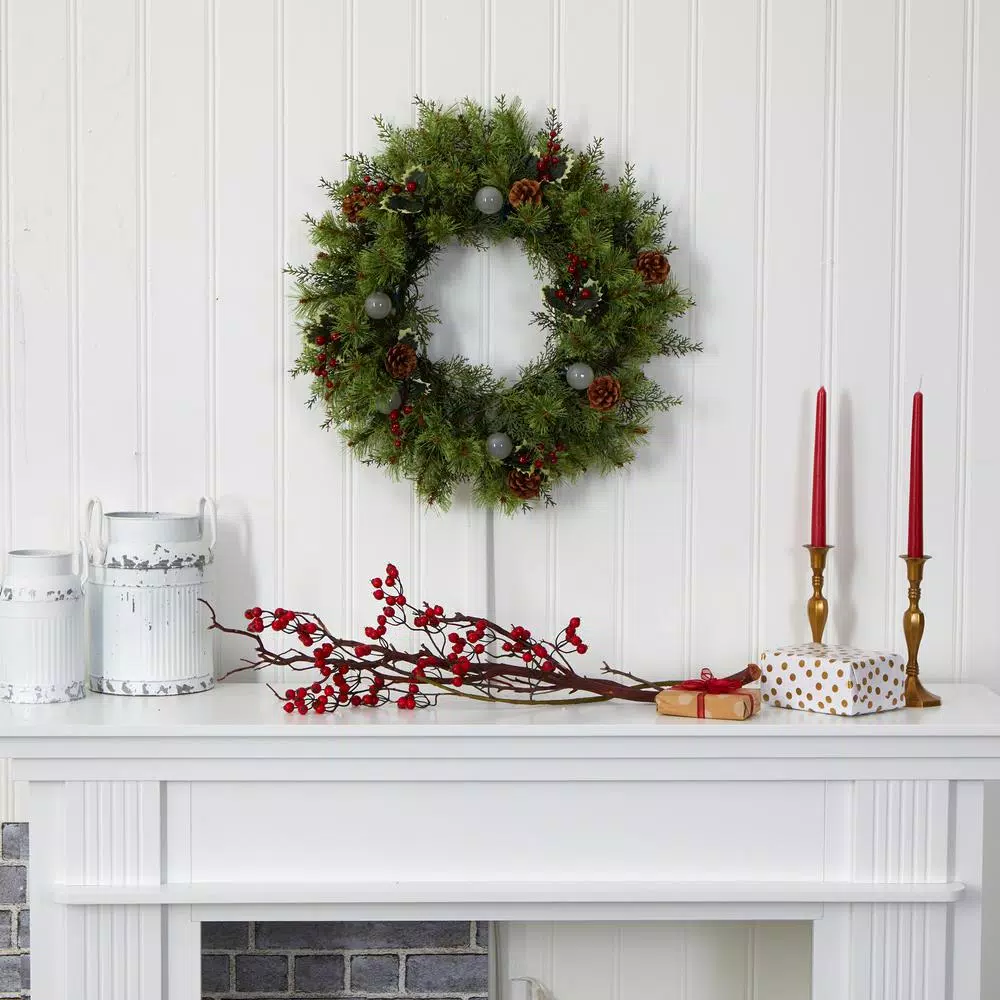 Nearly Natural 24 in. Pre-Lit Artificial Christmas Wreath with 57 Warm White Lights, Globe Bulbs, Berries and Pine Cones