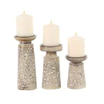 LITTON LANE Rustic Mango Wood and Iron Candle Holder Set of 3 with Floral Carvings thumbnail 2