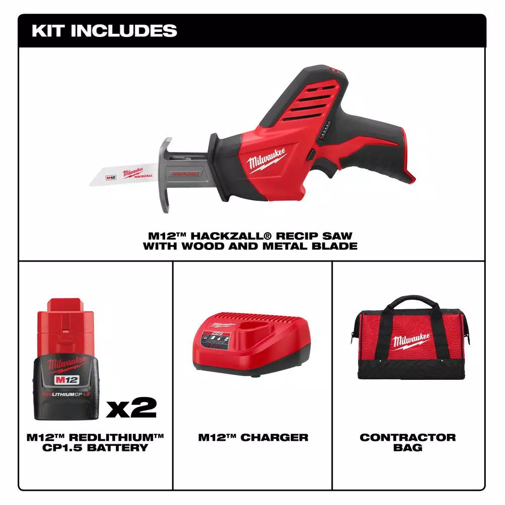 Milwaukee M12 12V Lithium-Ion HACKZALL Cordless Reciprocating Saw Kit with 2 1.5 Ah Batteries, Charger & Case