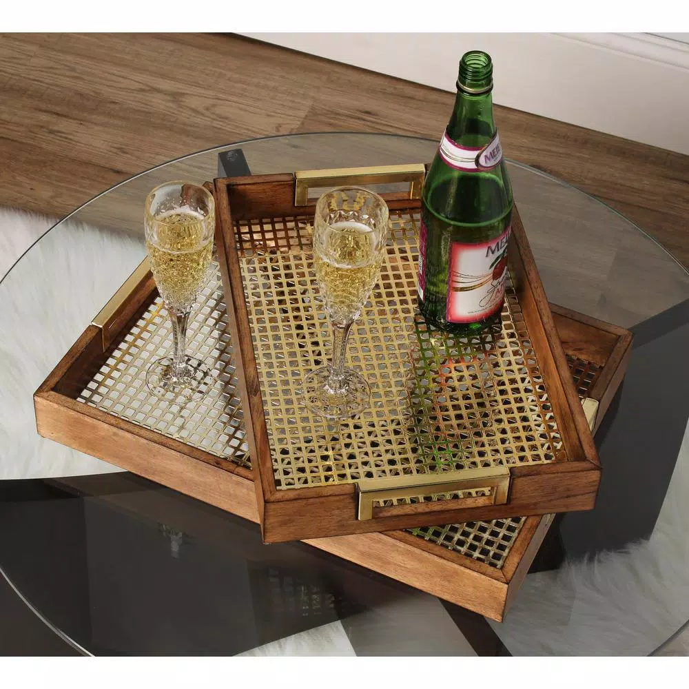 Kate and Laurel Hanneli Gold and Walnut Decorative Tray Set of 2 - Modern Glam Perforated Metal and Wood Trays