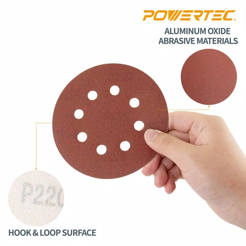 POWERTEC 5 in. 80 Grit Aluminum Oxide Hook and Loop 8-Hole Sanding Discs, 25-Pack