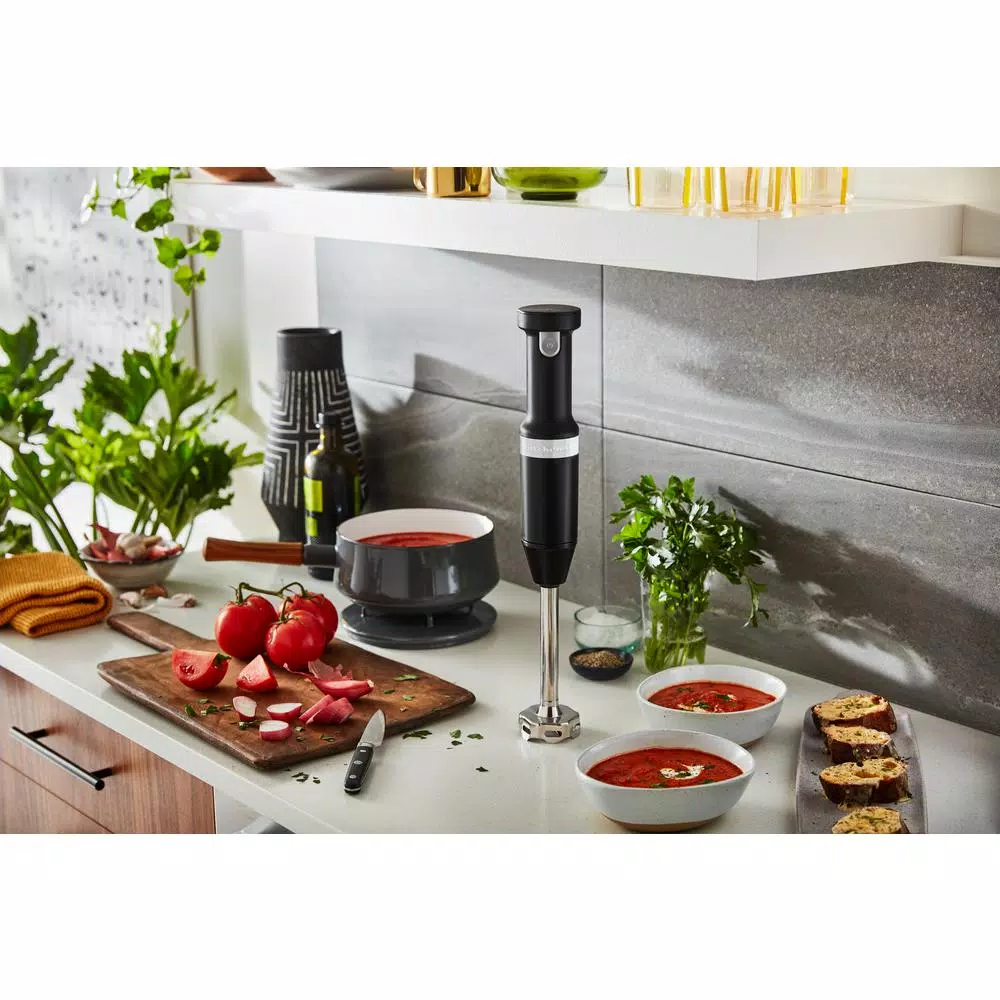 KitchenAid Cordless Variable Speed Hand Blender with Chopper and Whisk Attachments, Black Matte