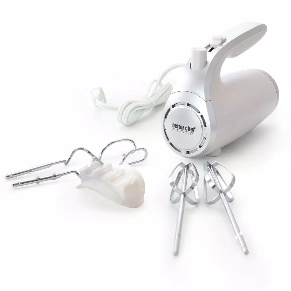 Better Chef 150-Watt 5-Speed Hand Mixer with Stainless Steel Beaters and Dough Hooks, White