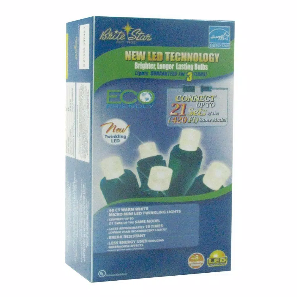 Brite Star 60-Light LED Warm White Micro Mini Twinkling String Lights, Green Wire