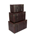 LITTON LANE Globetrotter Wood and Matte Brown Leather Decorative Trunk Set of 3 thumbnail 4