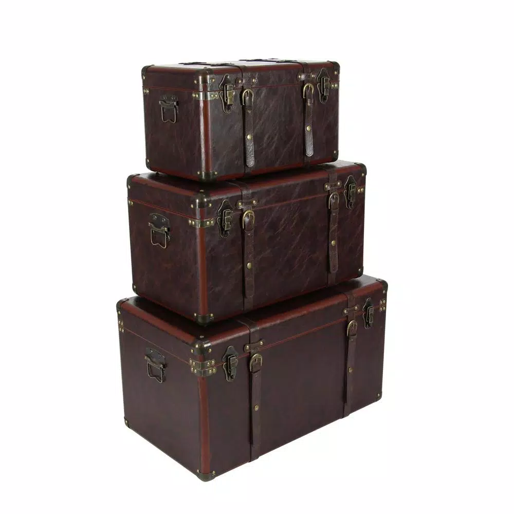 LITTON LANE Globetrotter Wood and Matte Brown Leather Decorative Trunk Set of 3