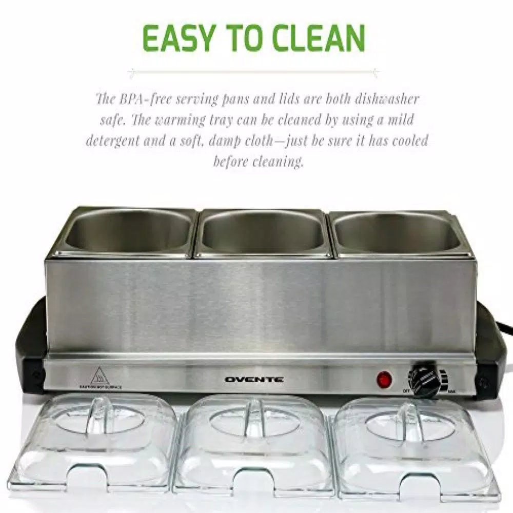 Ovente FW153W 3-Tray Buffet Server with Stand-Alone Warming Tray, Stainless Steel