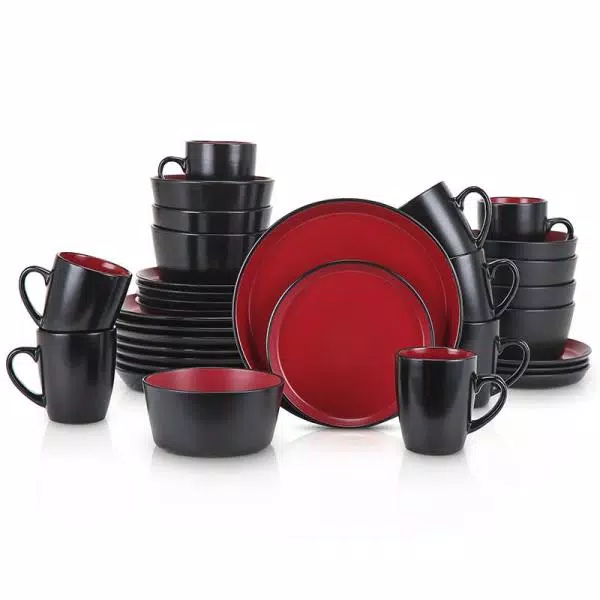 STONE LAIN 32-Piece Red and Black Stoneware Dinnerware Set, Service for 8
