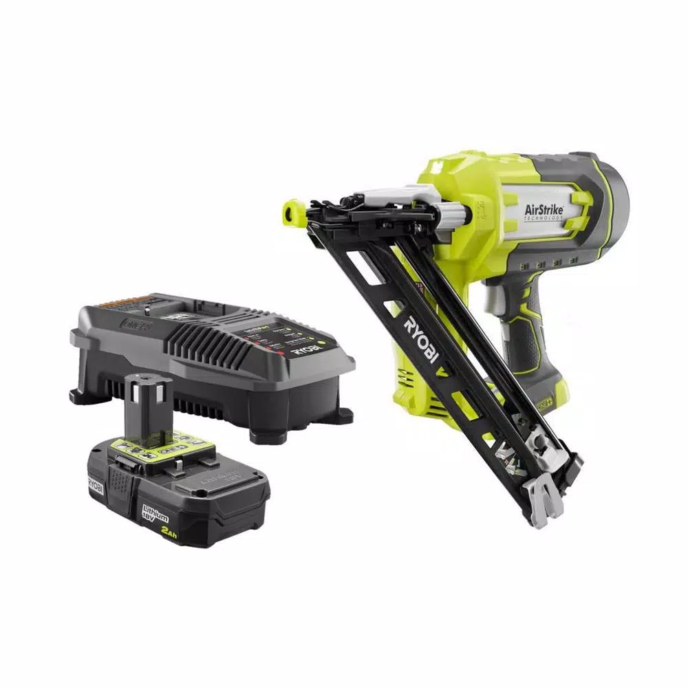 RYOBI 18V ONE+ 15-Gauge Angled Cordless AirStrike Finish Nailer Kit with 2.0 Ah Battery and Charger