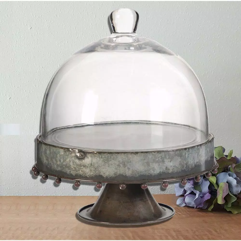 Benjara Gray Metal Pedestal Cake Stand with Glass Dome Cover