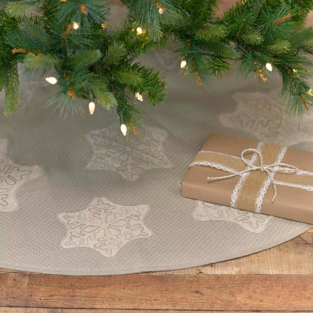 VHC Brands Ingrid 48 in. Ash Grey Farmhouse Christmas Tree Skirt with Appliqued Snowflakes