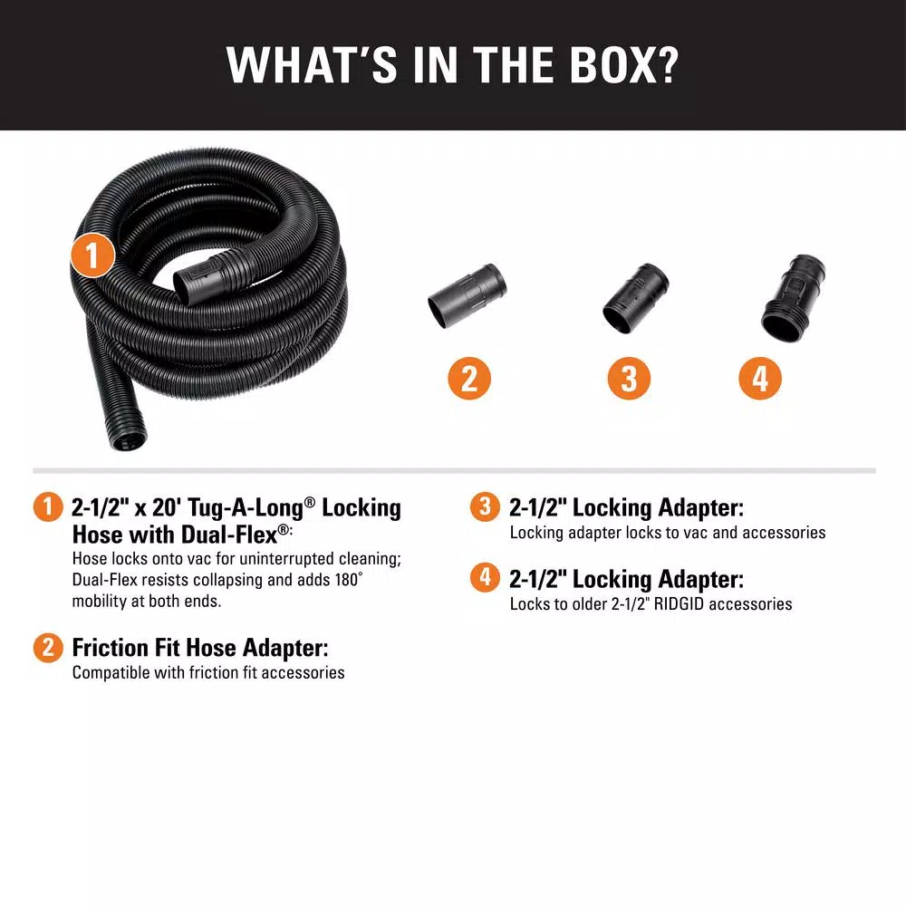 RIDGID 2-1/2 in. x 20 ft. Dual-Flex Tug-A-Long Locking Vacuum Hose for Wet/Dry Shop Vacuums
