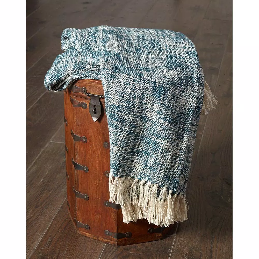 LR Resources Blue Chambray Woven Cotton Throw Blanket with Fringed Edges, 50 x 60 in