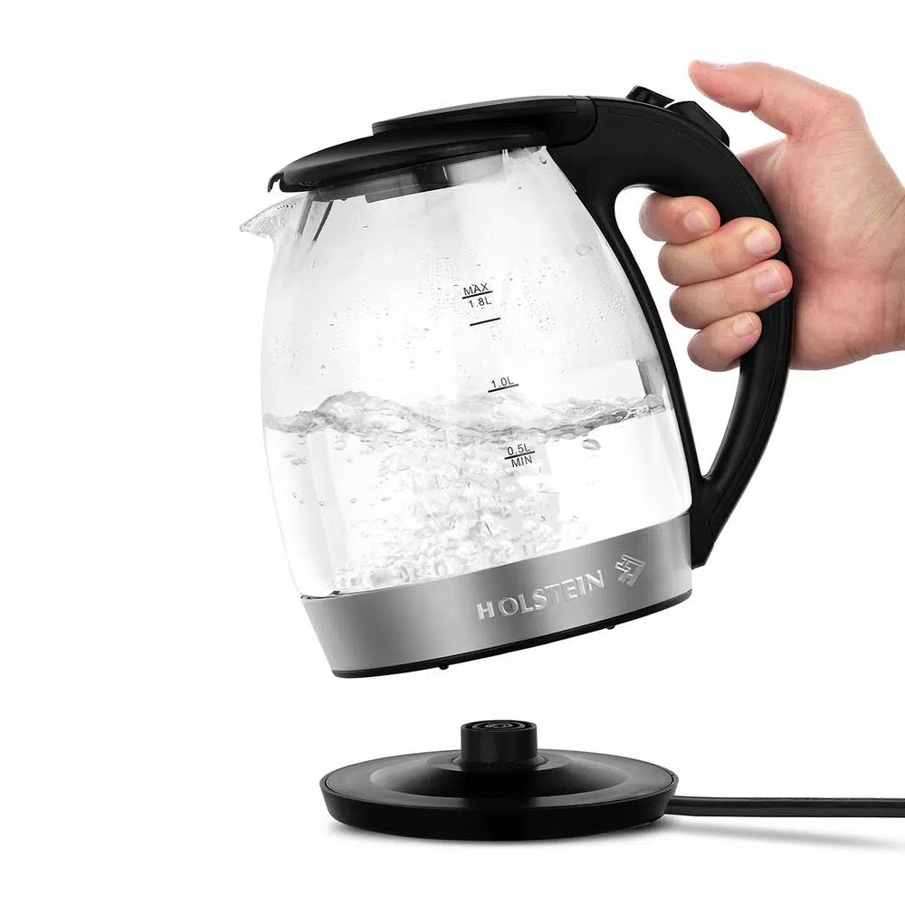 Holstein Housewares 1.8L Black Glass Electric Kettle, 7-Cup Borosilicate Glass Tea Kettle