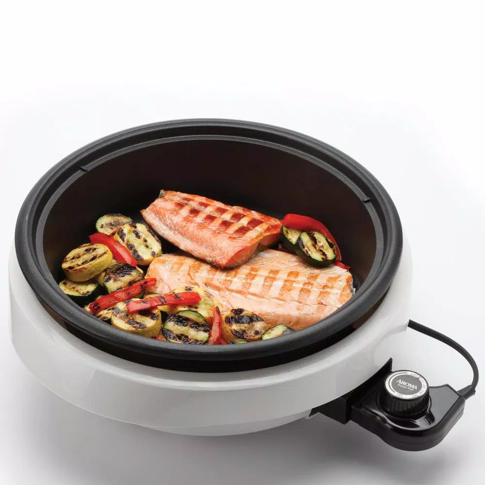 Aroma Super Pot 3-in-1 10 in. Indoor Grill, Steamer, and Slow Cooker - White