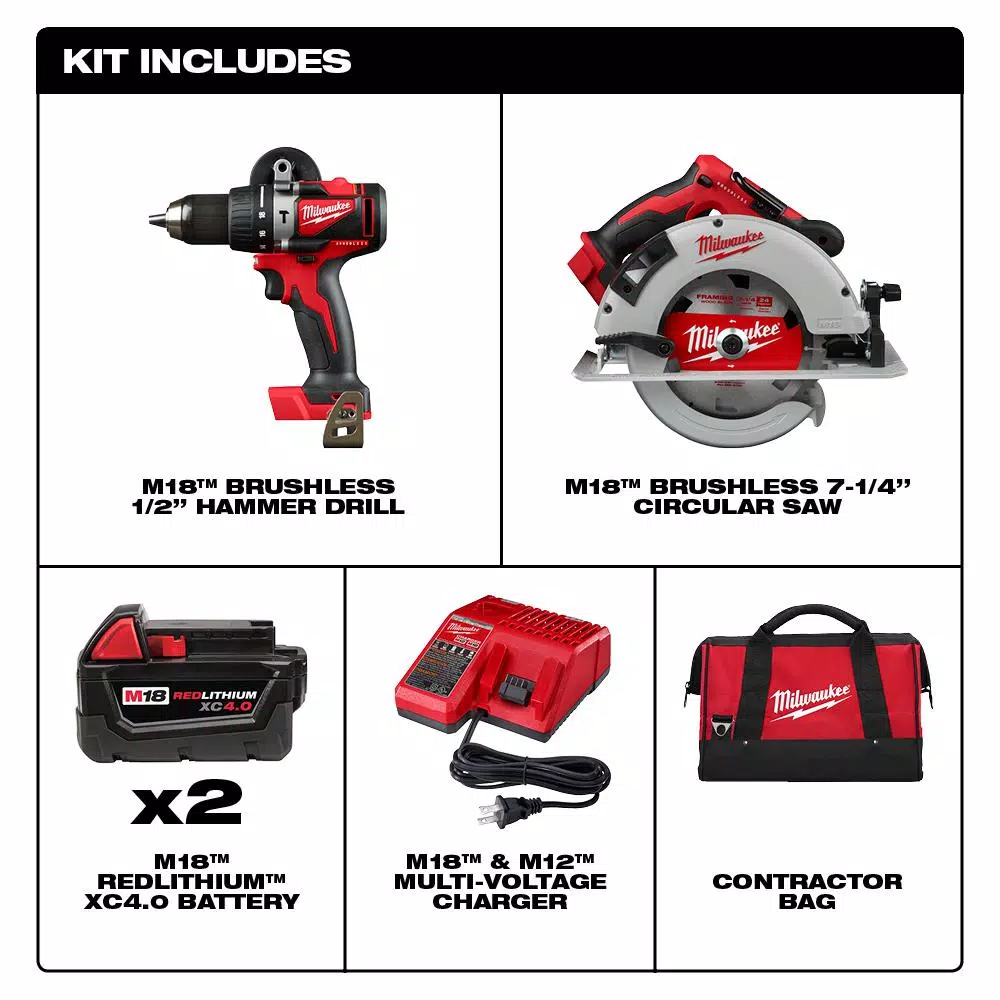 Milwaukee M18 Brushless 2-Tool Combo Kit: 1/2 in. Hammer Drill and 7-1/4 in. Circular Saw with (2) 4.0 Ah Batteries