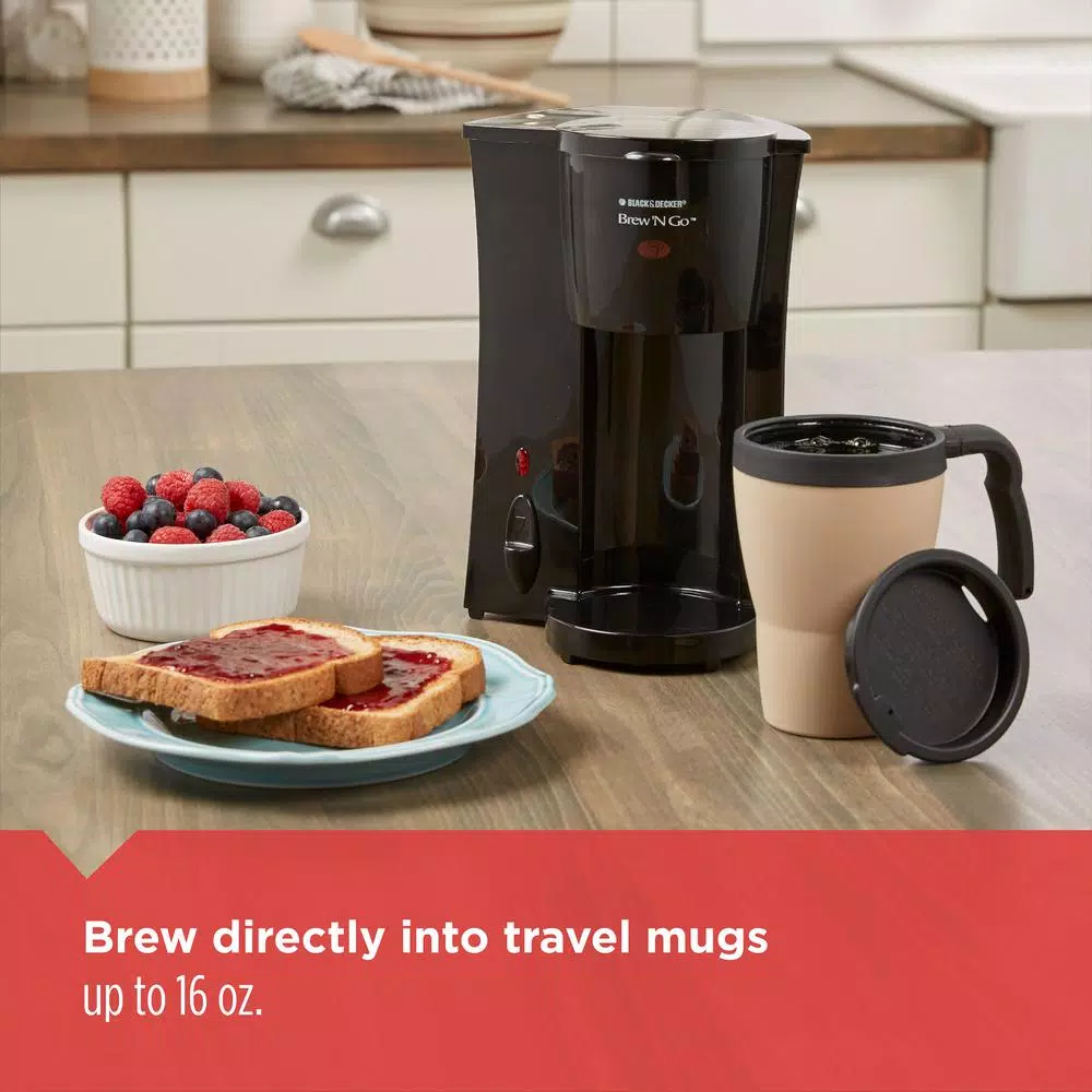 BLACK+DECKER Brew'n Go Single Serve Coffee Maker with 15 oz. Thermal Travel Mug, Black