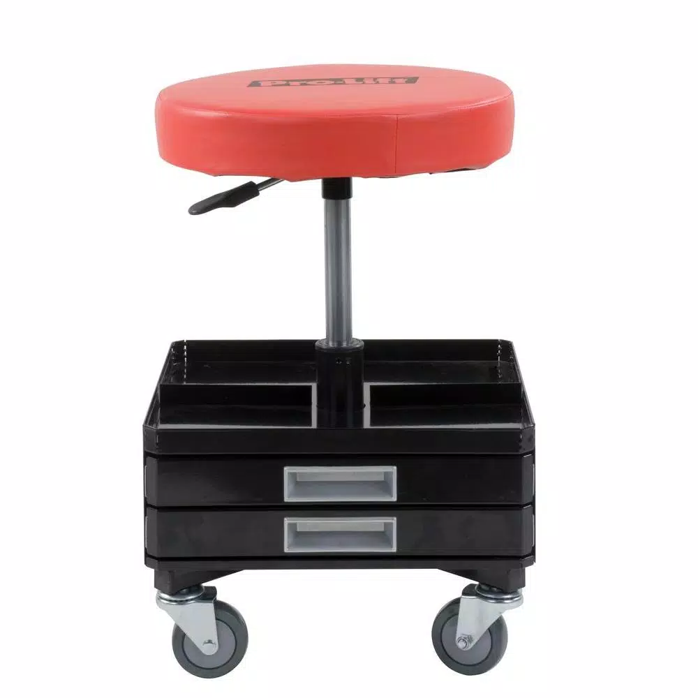Pro-Lift Red Pneumatic Rolling Work Seat with Dual Tool Trays and Heavy Duty Casters