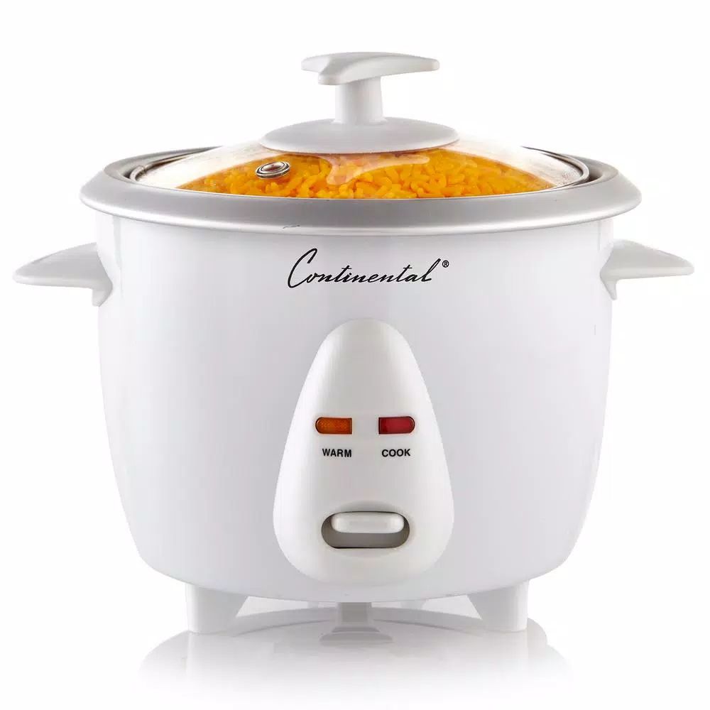 Continental Electric 6-Cup White Rice Cooker and Steamer with Tempered Glass Lid