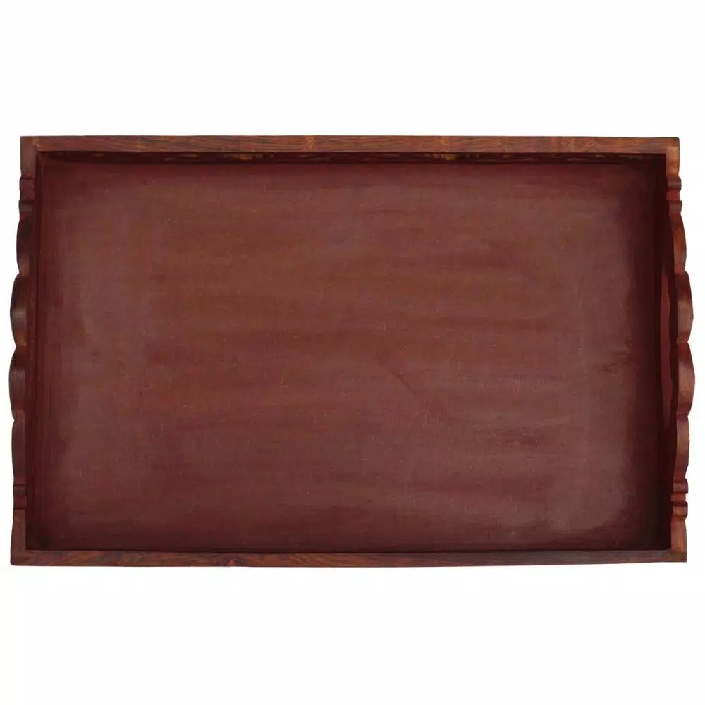 Benzara Carved Brown Wooden Serving Tray with Intricate Cutout Handles