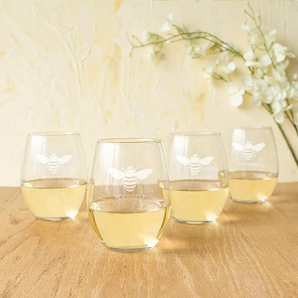 Cathy's Concepts Bee Thankful Stemless Wine Glasses, Set of 4, 21 oz. Hand-Blown Glassware