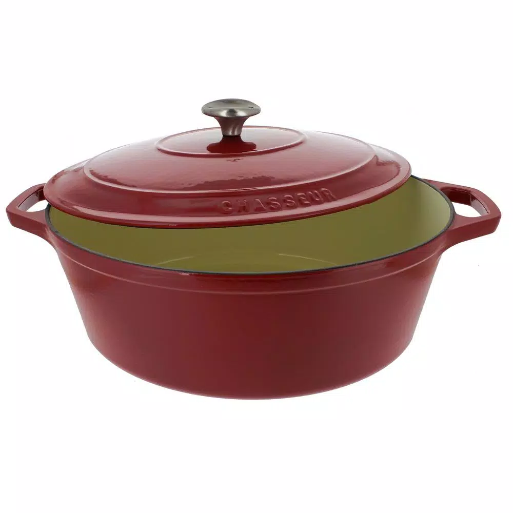 Chasseur French Enameled Cast Iron 7.25 qt. Oval Dutch Oven with Lid, Red