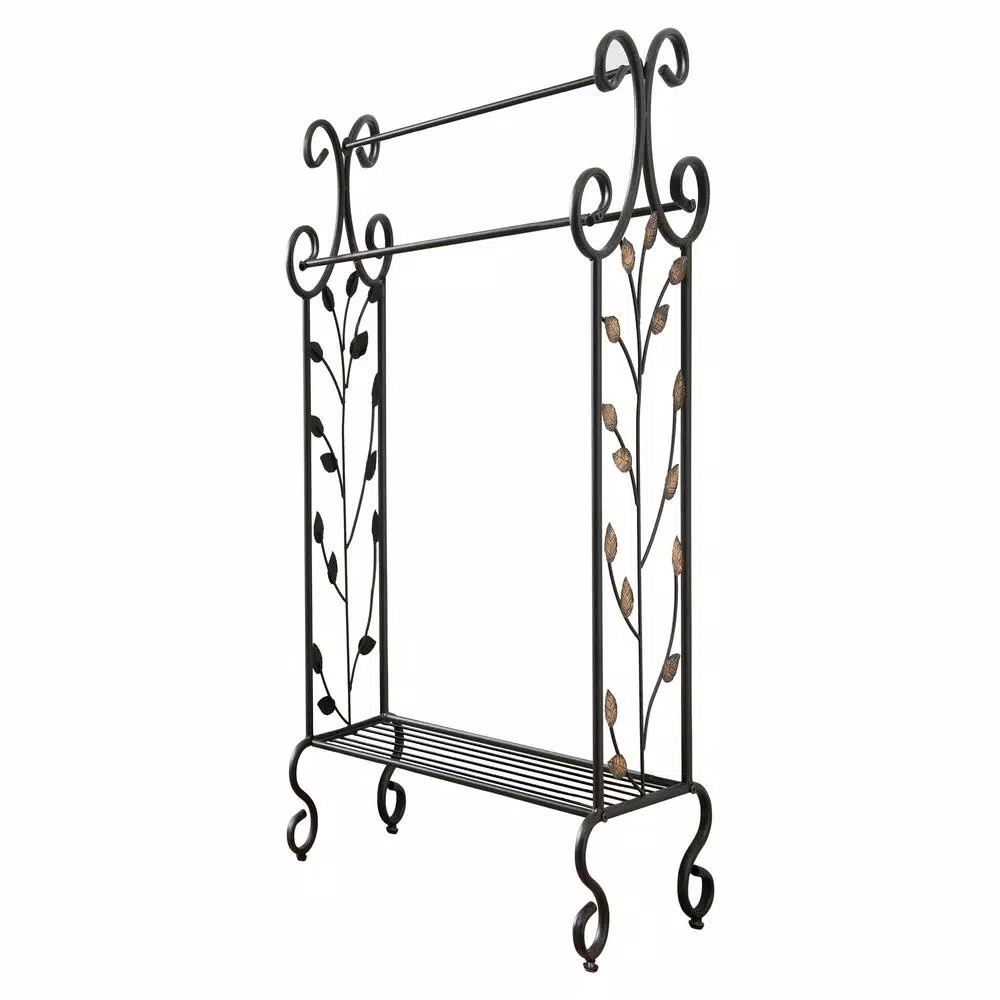 Kings Brand Furniture Black 3-Bar Freestanding Towel Rack with Gold Leaf Accents and Storage Shelf