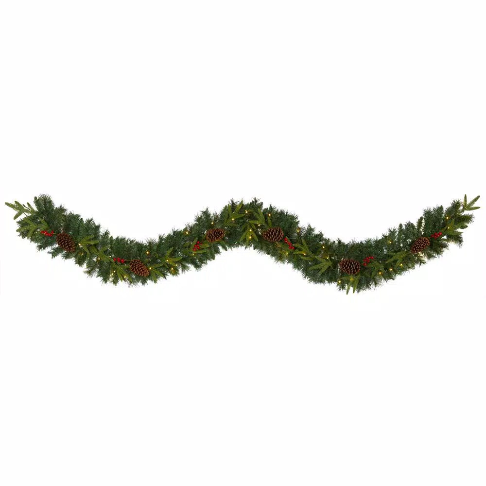 Nearly Natural 9 ft. Pre-lit Mixed Pine Artificial Christmas Garland with 50 LED Lights, Berries & Pinecones