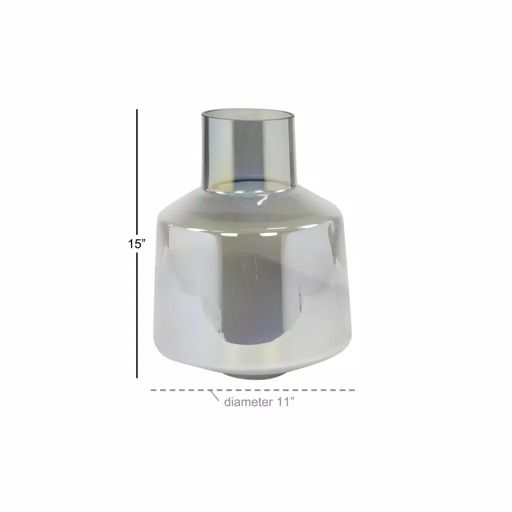 LITTON LANE 15 in. Iridescent Silver Blown Glass Decorative Vase - Modern Cylindrical Table Vase