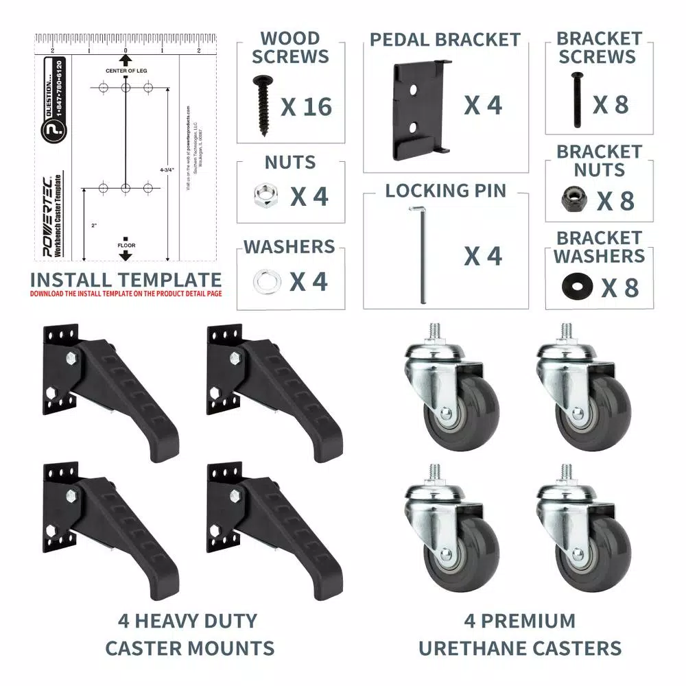 POWERTEC Workbench Casters with Quick-Release Plates, 4-Set Mobility Kit