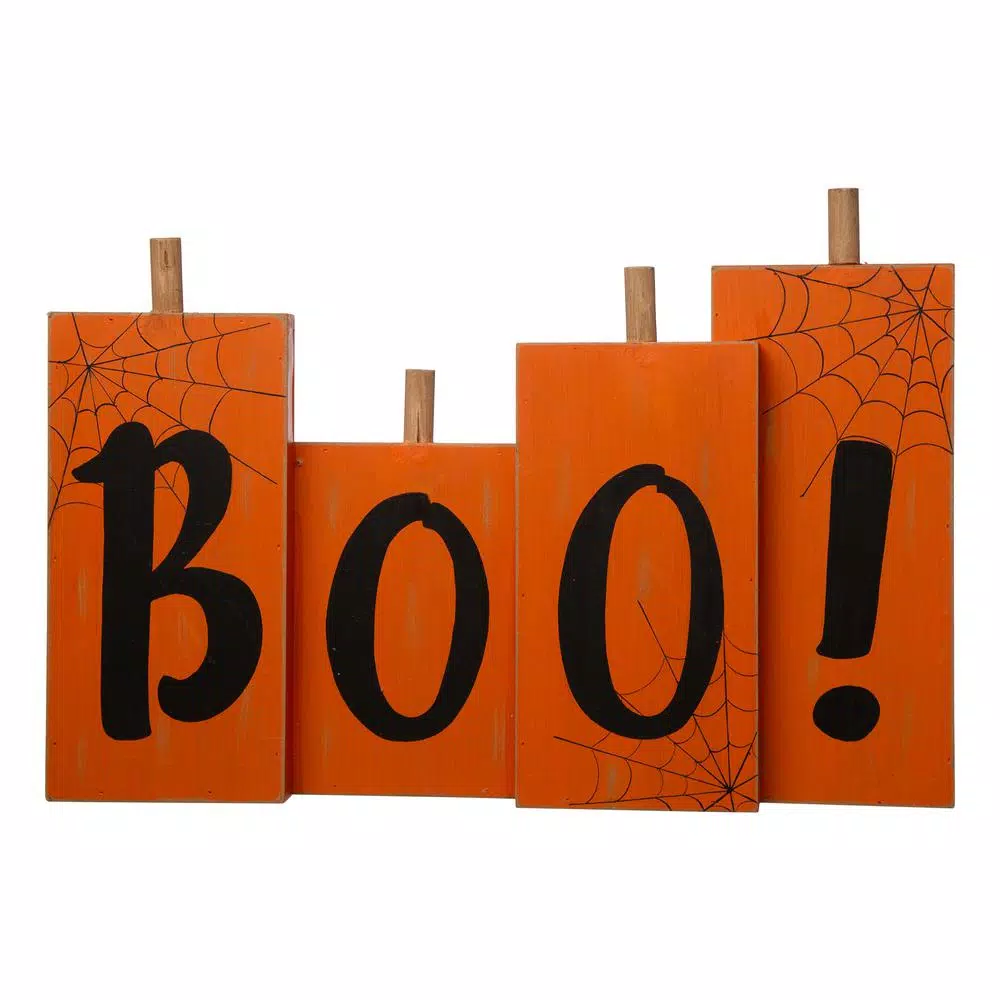 Glitzhome 20 in. Halloween Wooden BOO Standing Decor with Orange Pumpkin Design