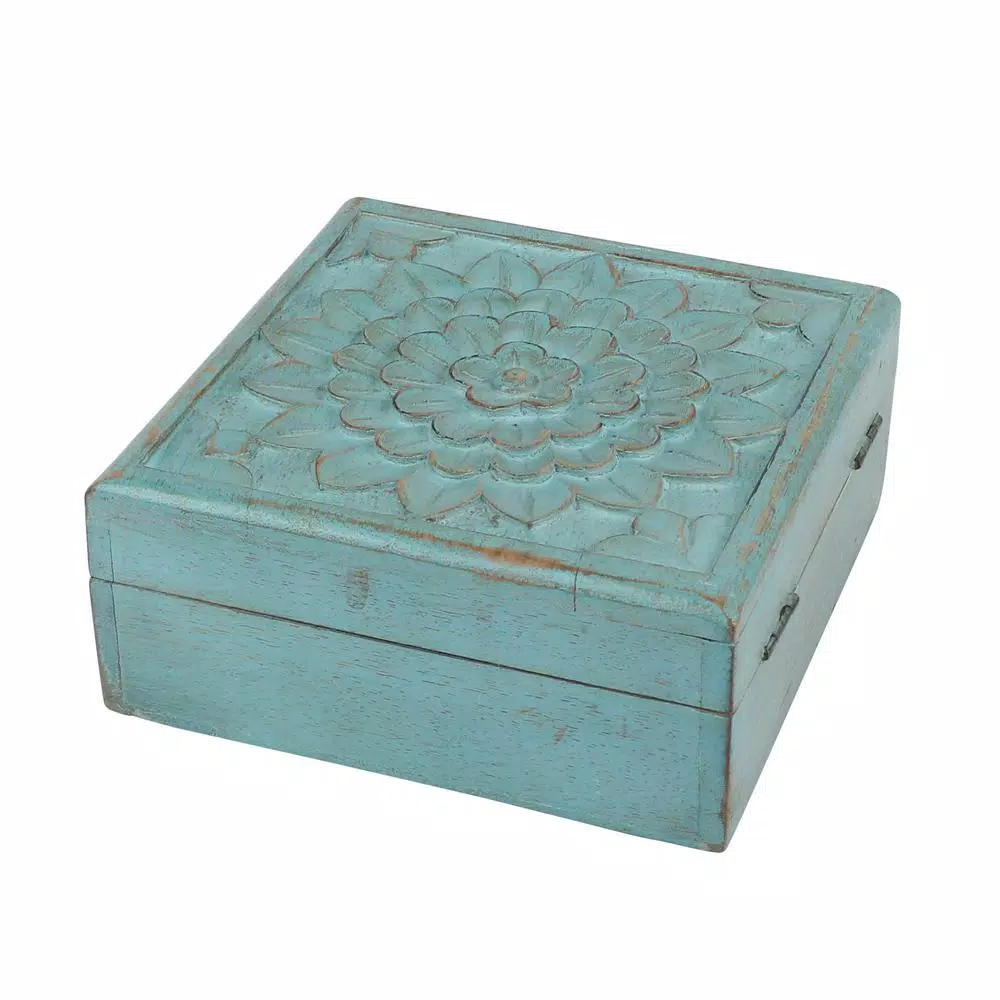 Stonebriar Collection 6 in. Weathered Sky Blue Wooden Trinket Box with Hinged Lid and Carved Floral Design