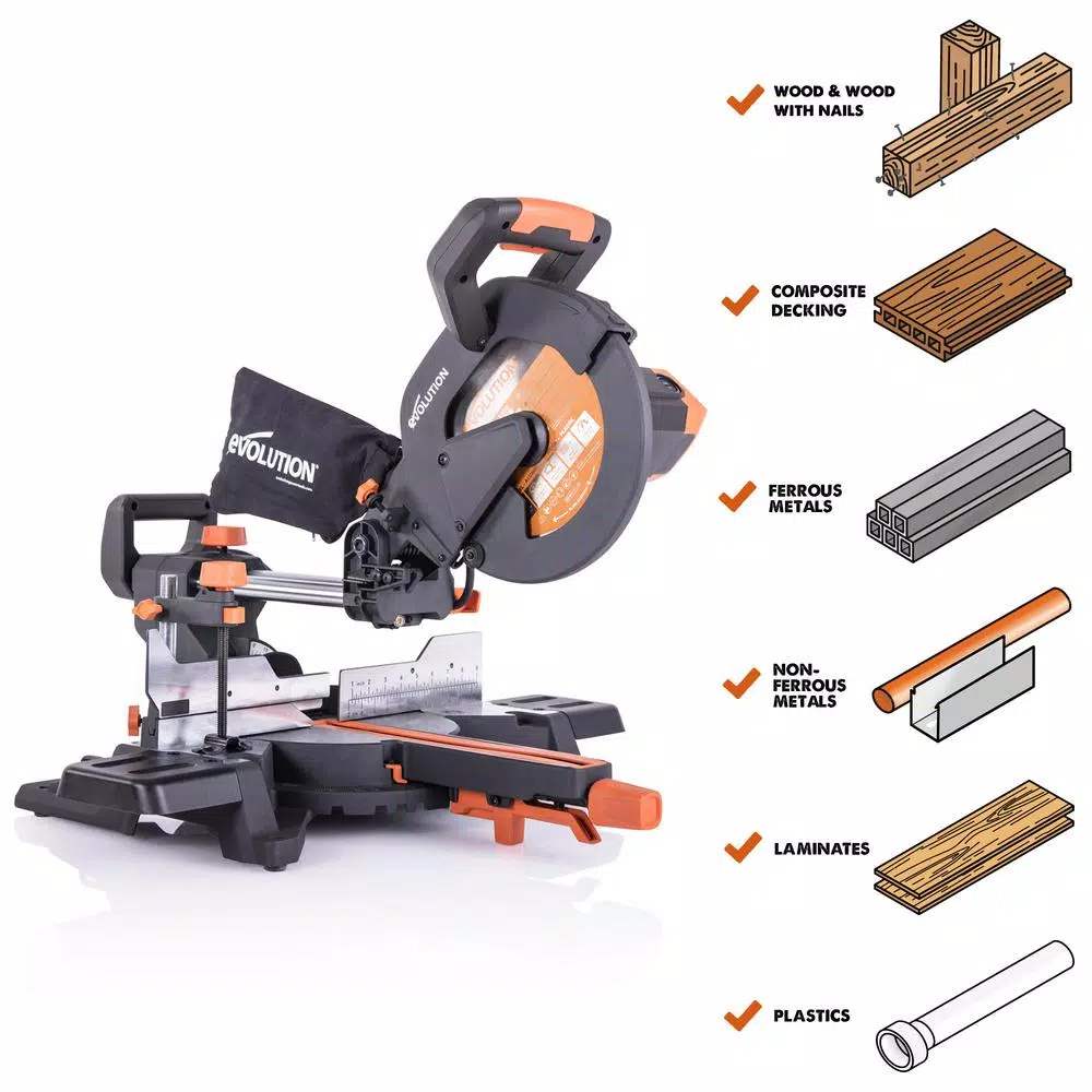 Evolution Power Tools Evolution R255SMS+ 10 in. 15 Amp Sliding Compound Miter Saw with Multi-Material Blade