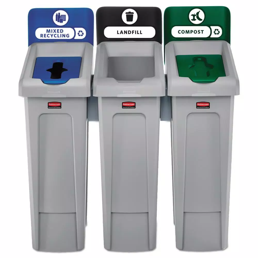 Rubbermaid Commercial Products 69 Gal. Slim Jim 3-Stream Recycling Station Kit - Landfill & Mixed Recycling