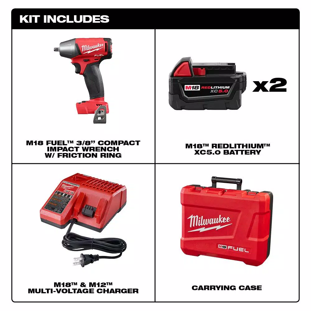 Milwaukee M18 FUEL 3/8 in. Compact Impact Wrench Kit with Two 5 Ah Batteries and Charger