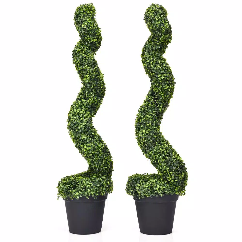 Costway Artificial Boxwood Spiral Topiary Tree Set of 2 - Indoor/Outdoor Decorative Plants with Cement Pot